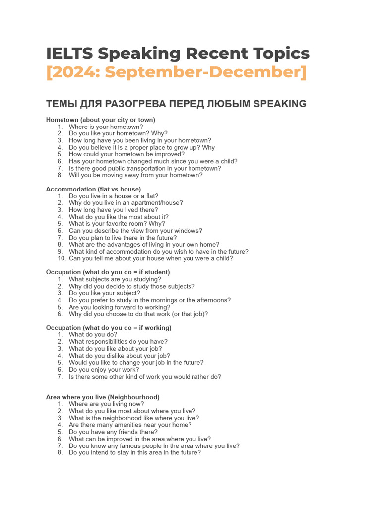 IELTS Speaking Topics: Sept-Dec 2024 | PDF | Sports | News