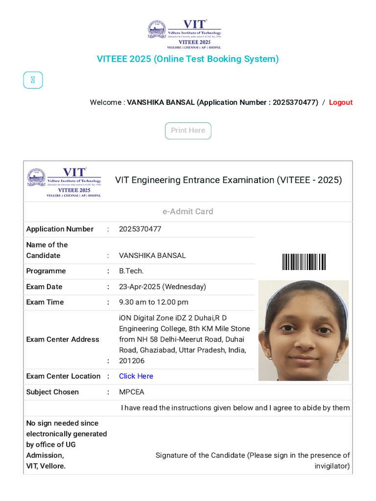 VITEEE 2025 (Online Test Booking System) | PDF