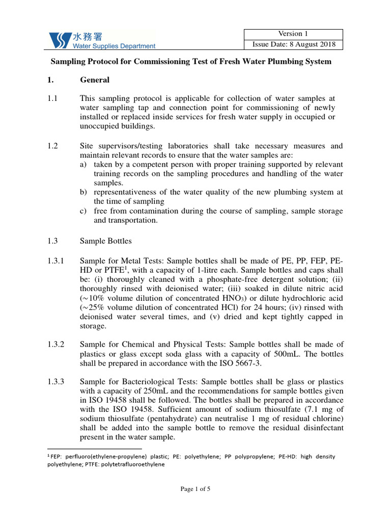 WSD Sampling Procedure V1 2018 | PDF | Water Quality | Hydrochloric Acid