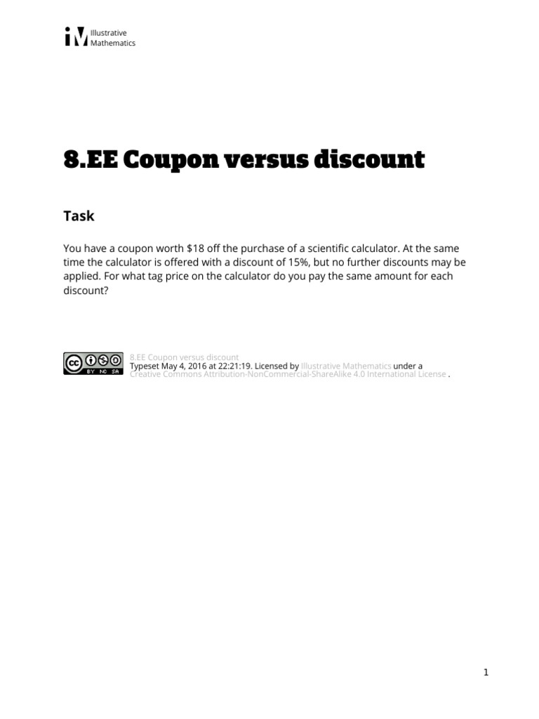 8.EE.C.7 Coupon Versus Discount | PDF