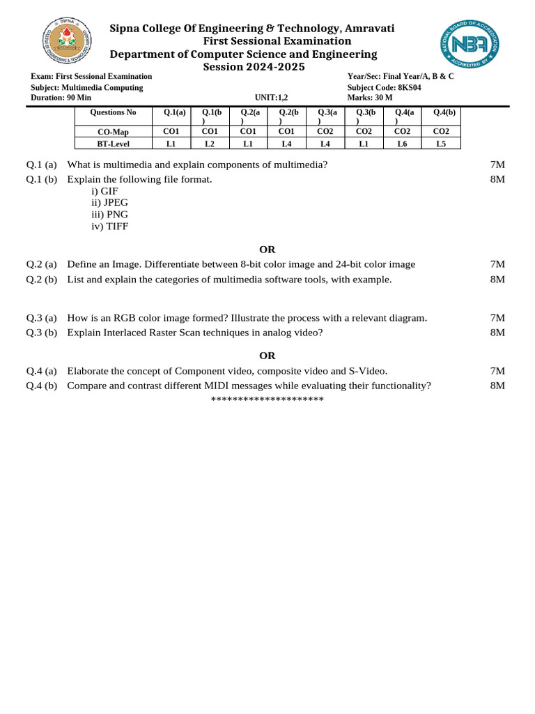 Multimedia Computing Exam Questions 2024 | PDF