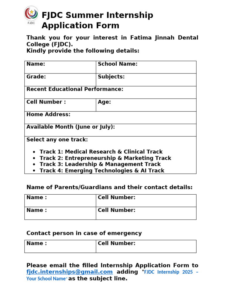 FJDC Summer Internship Application 2025 | PDF