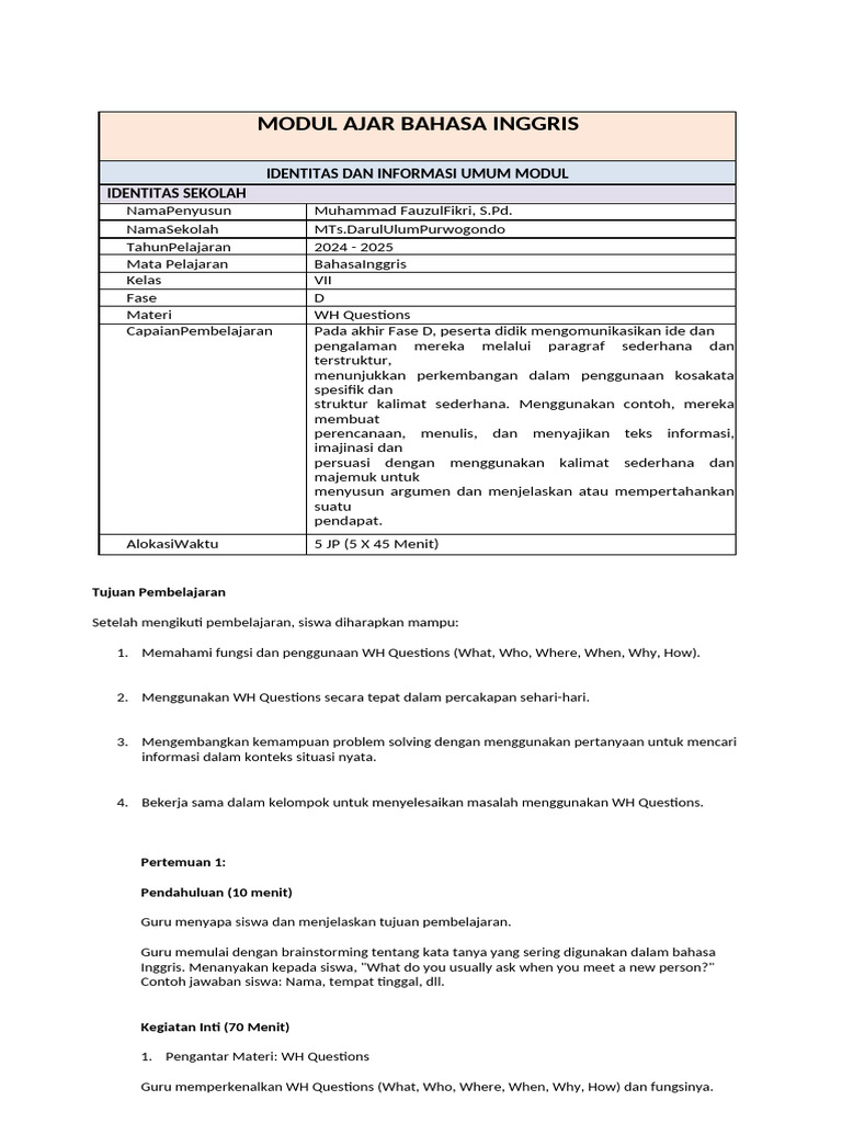 Pengajaran WH Questions untuk Siswa VII | PDF