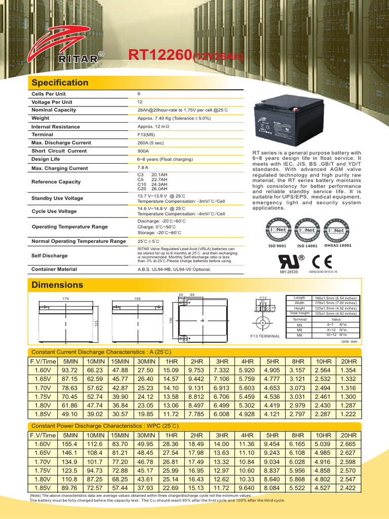 RT12260 12V 26Ah Battery Specifications | PDF | Electrical Engineering ...