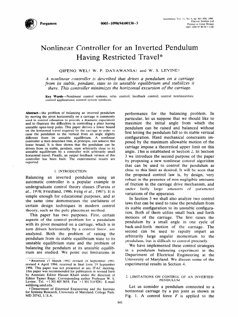 Nonlinear Control for Inverted Pendulum | PDF | Pendulum | Force