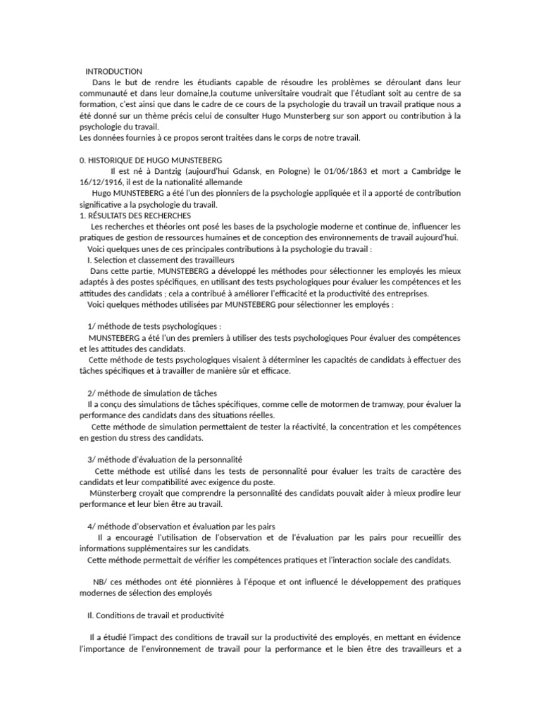 Contributions de Munsterberg en psychologie | PDF | Psychologie ...