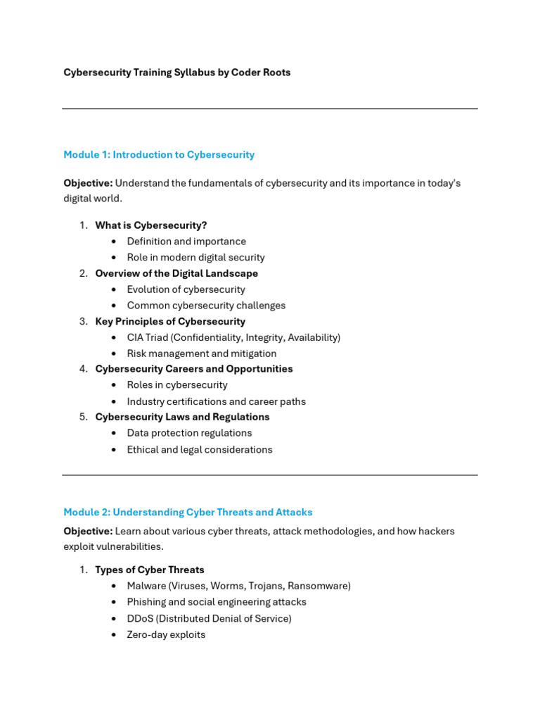 Cybersecurity Training Syllabus Overview | PDF | Security | Computer ...