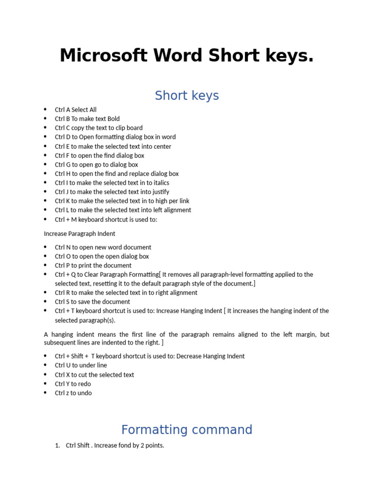 Microsoft Word Keyboard Shortcuts Guide | PDF | Microsoft Word ...