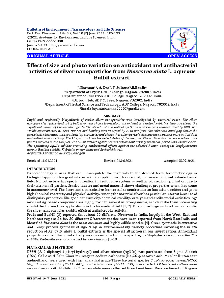 Antioxidant & Antibacterial Effects of Silver Nanoparticles from ...