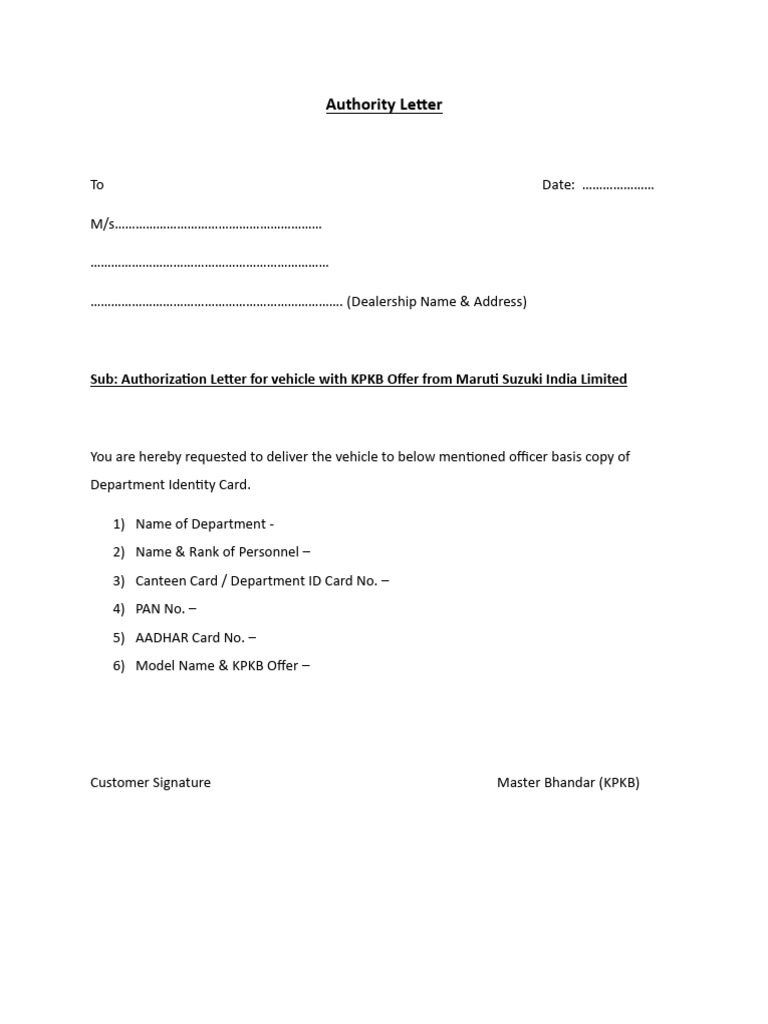 KPKB Vehicle Authorization Letter | PDF