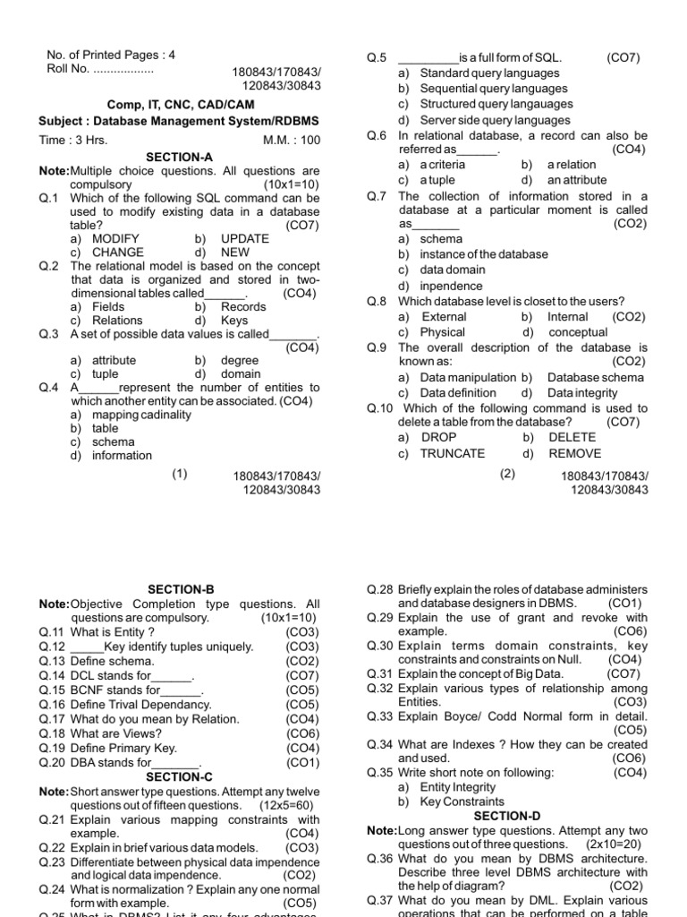 CNC and SQL Exam Questions | PDF | Relational Database | Databases