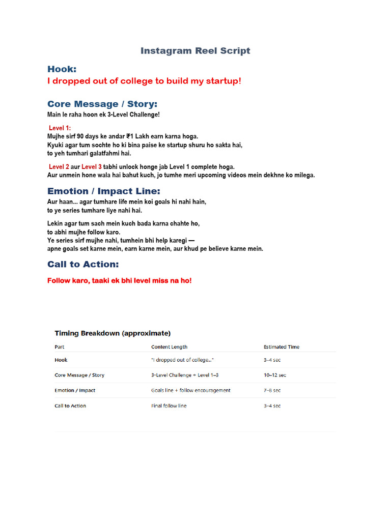 Instagram Reel Script for 3-Level Challenge | PDF