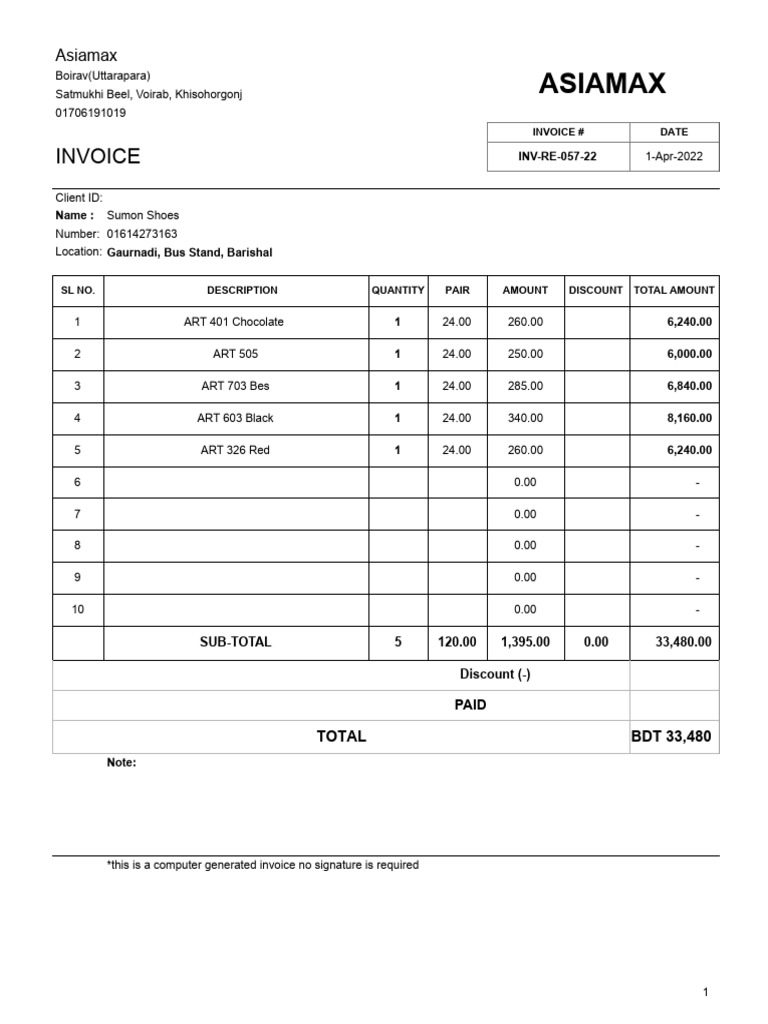 Invoice for Sumon Shoes - BDT 33,480 | PDF