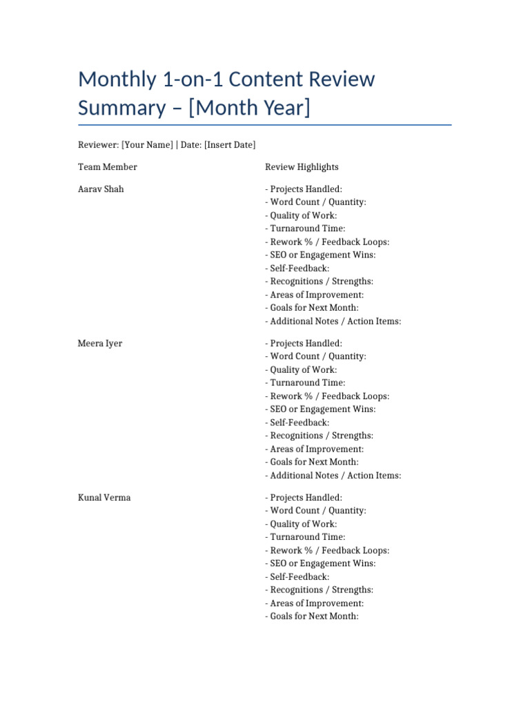 One Page Content Team Review Summary | PDF