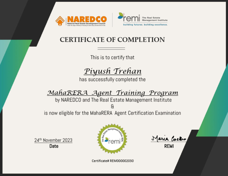 MahaRERA Agent Training Completion Certificate | PDF