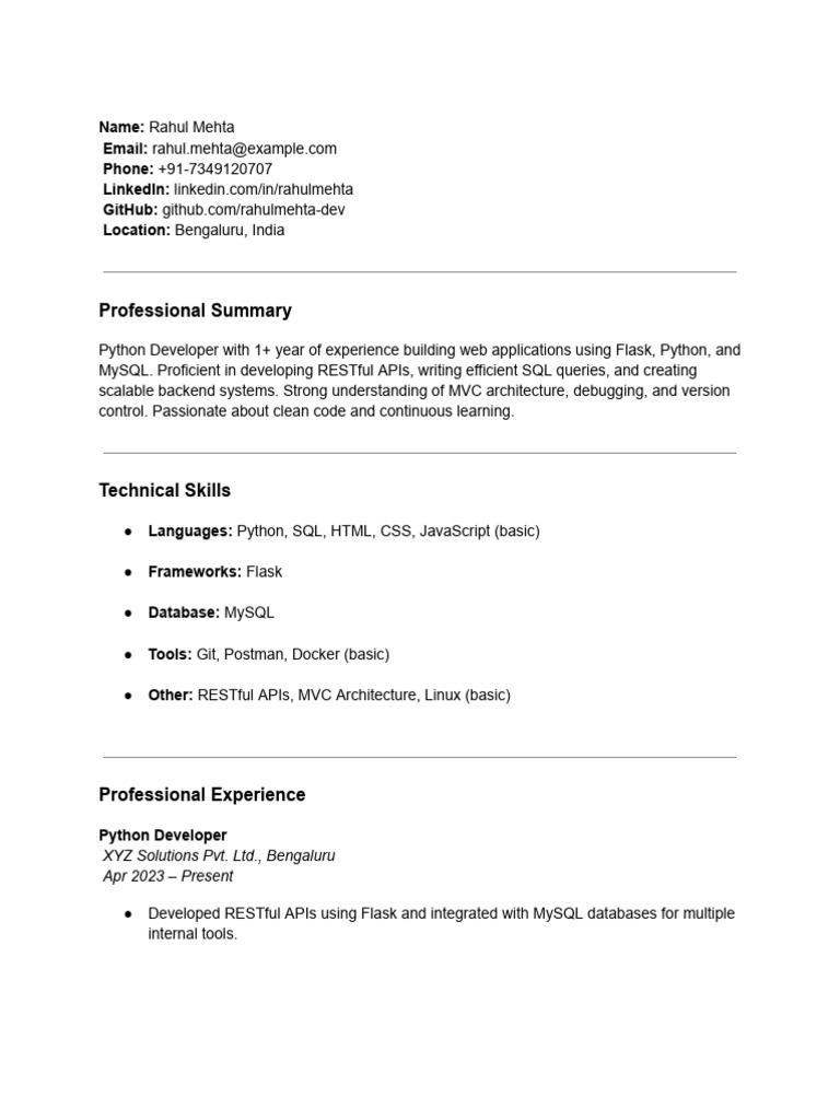 Python Developer Resume - Rahul Mehta | PDF
