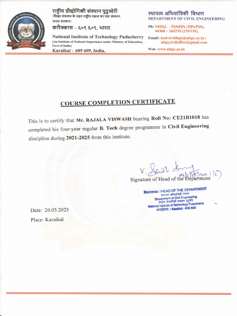 Course Completion Certificate MR - Rajala Viswash | PDF