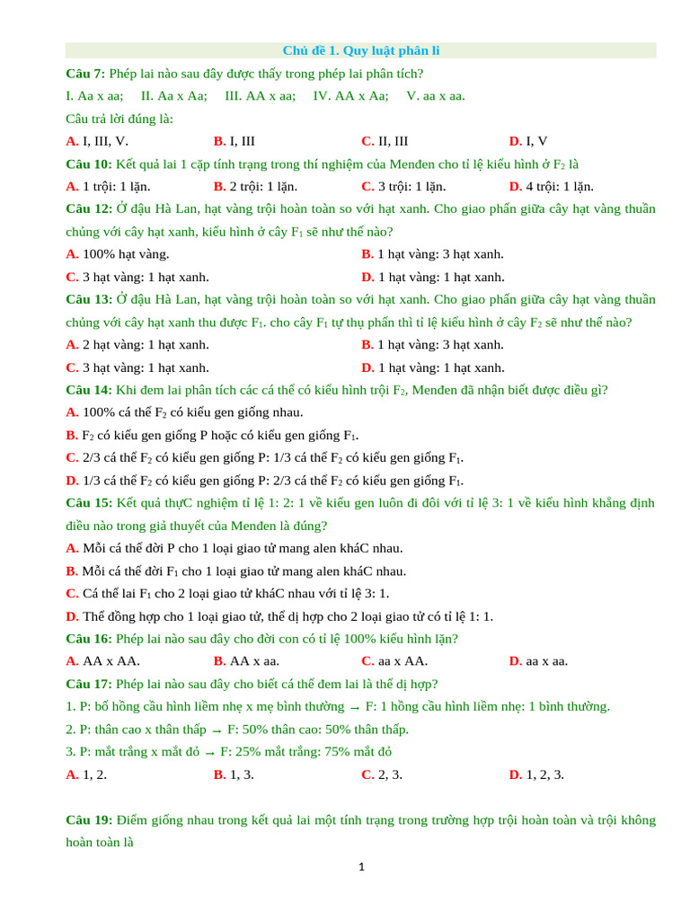CD1 Cac Quy Luat Di Truyen | PDF