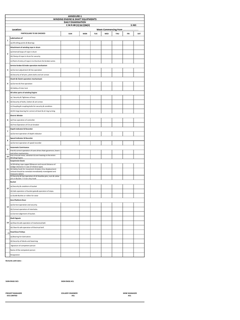 Daily Winding Engine Inspection Checklist | PDF | Bearing (Mechanical ...