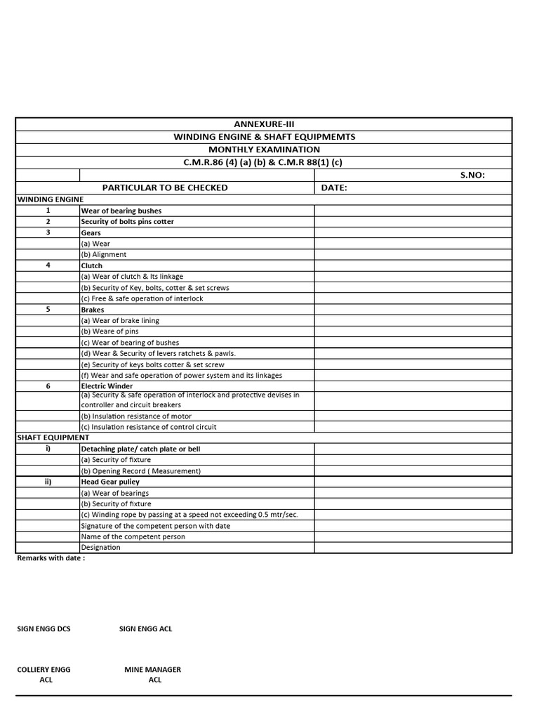 Checklist For WINDING ENGINE Monthly | PDF