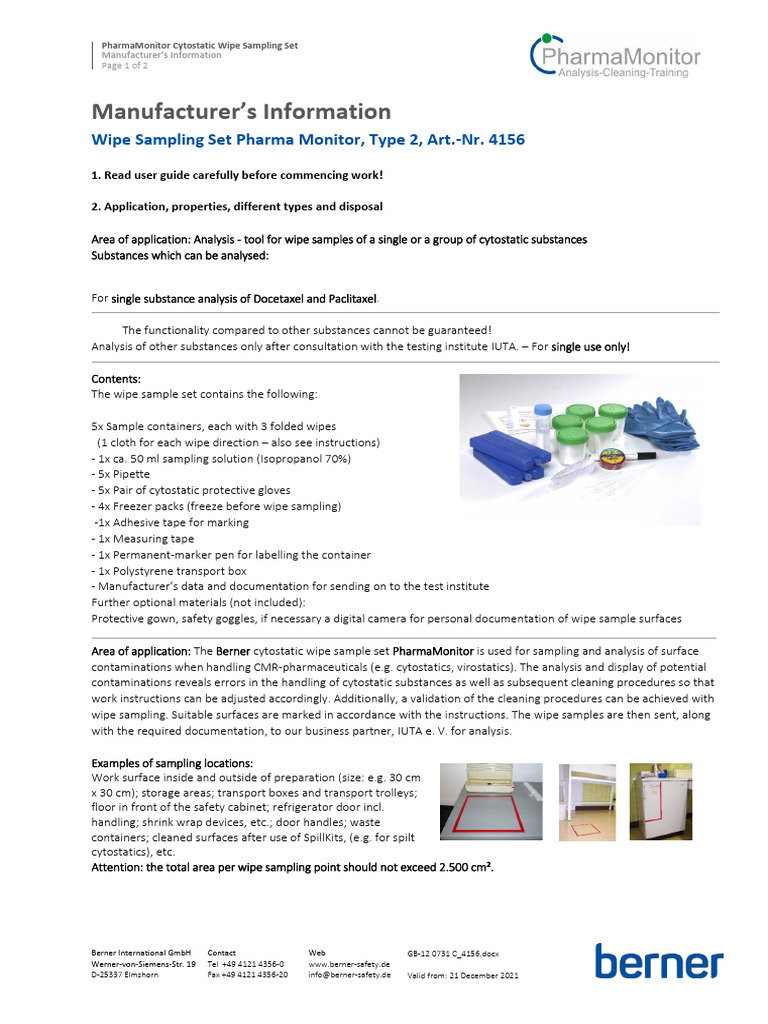 Cytostatic Wipe Sampling Set Info | PDF