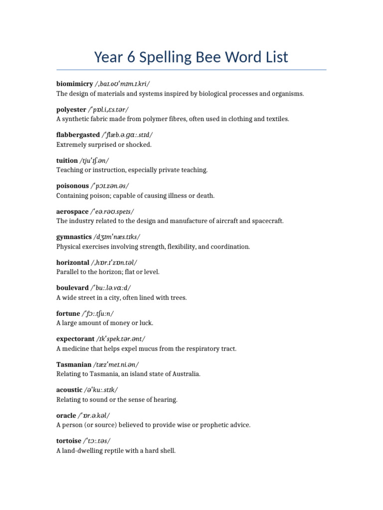 Year 6 Spelling Bee Vocabulary List | PDF