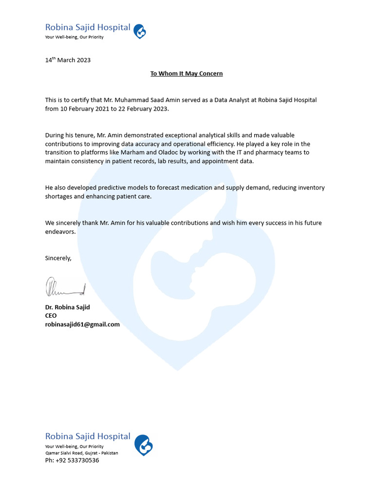 Proof of Employment Robina Sajid Hospital | PDF