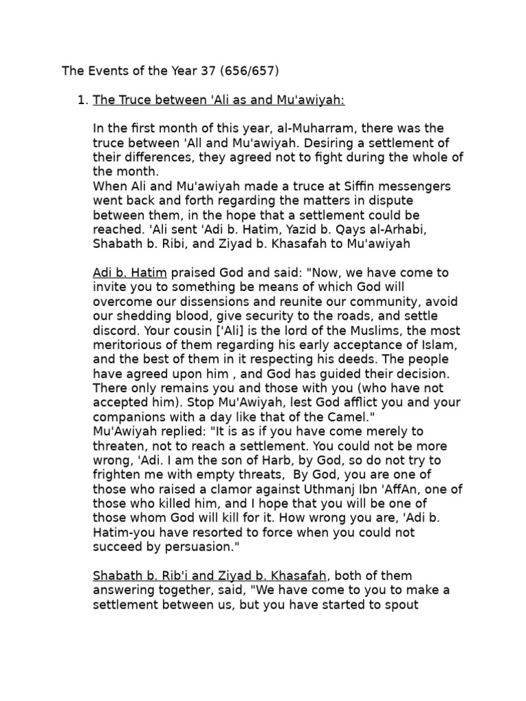 The Events of the Year 37 - 1 the Truce Between 'Ali as and Mu'Awiyah ...