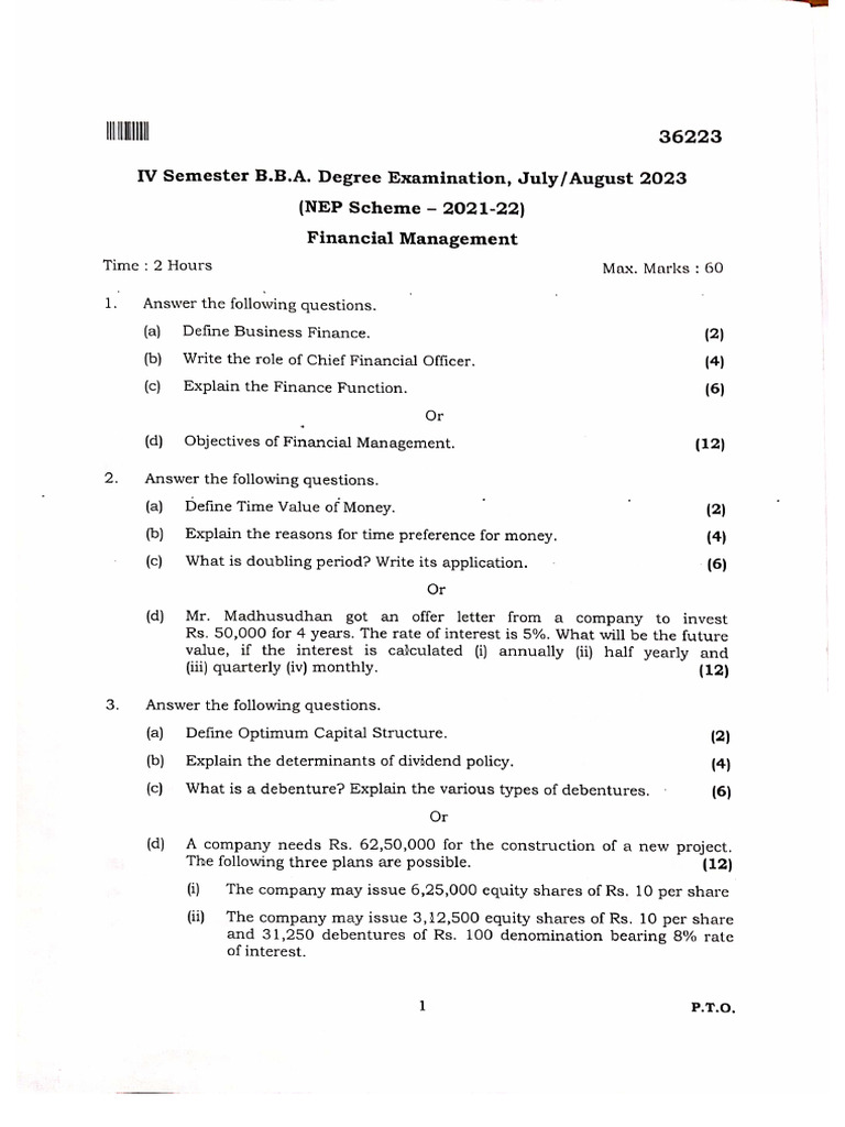 Financial Management Bba 4th Sem July Aug 2023 | PDF