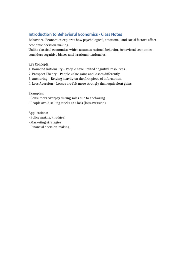 Introduction to Behavioral Economics Notes | PDF