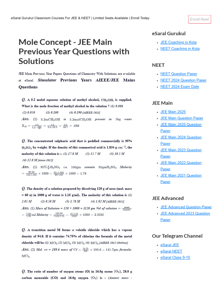 JEE Main Mole Concept PYQs with Solutions | PDF | Mole (Unit) | Water