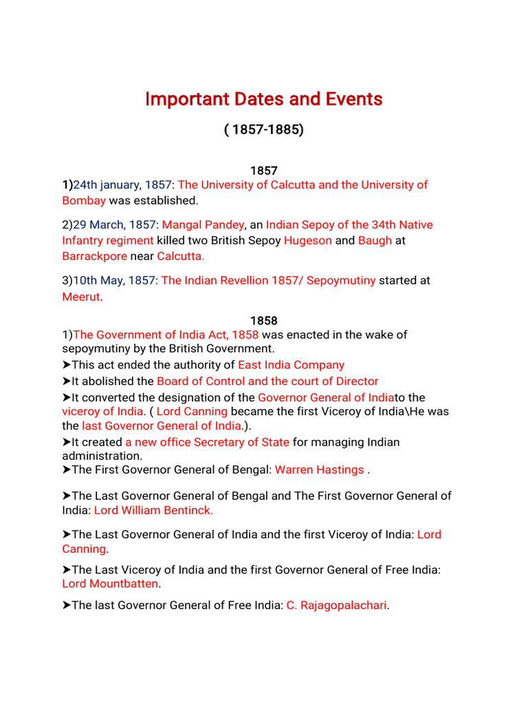 Key Events in Indian History (1857-1885) | PDF | Indian National ...