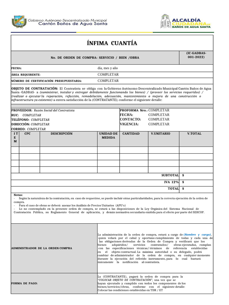 Orden de Compra GAD Baños de Agua Santa | PDF | Multa (pena) | Presupuesto