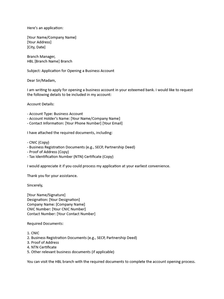 HBL Business Account Opening Application | PDF