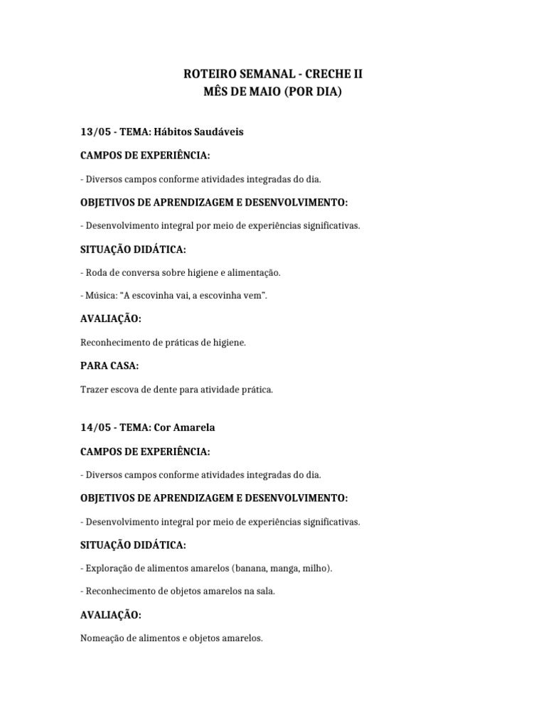 Roteiro Semanal Creche II - Maio | PDF | Aprendizado