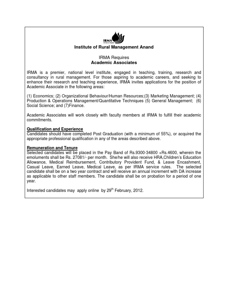 IRMA Academic Associate Positions Open | PDF | Business