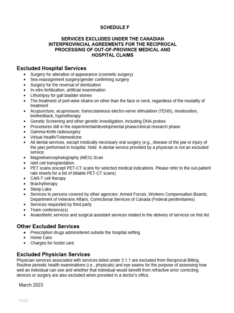 Excluded Medical Services in Canada | PDF | Surgery | Hospital