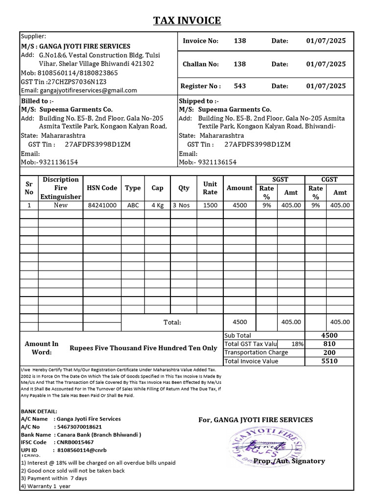 Ganga Jyoti Fire Services Invoice | PDF | Economy Of India | Public Finance
