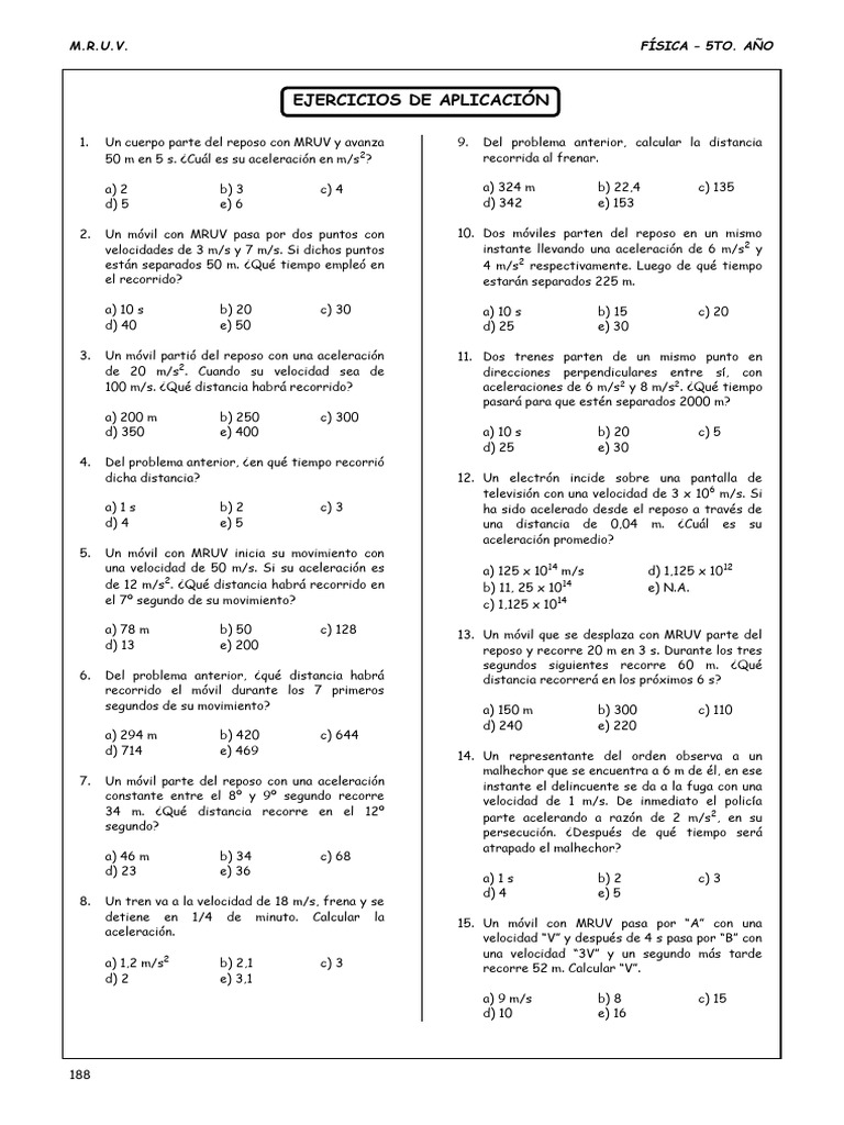 Ejercicios de MRUV para 5to Año | PDF | Velocidad | Aceleración