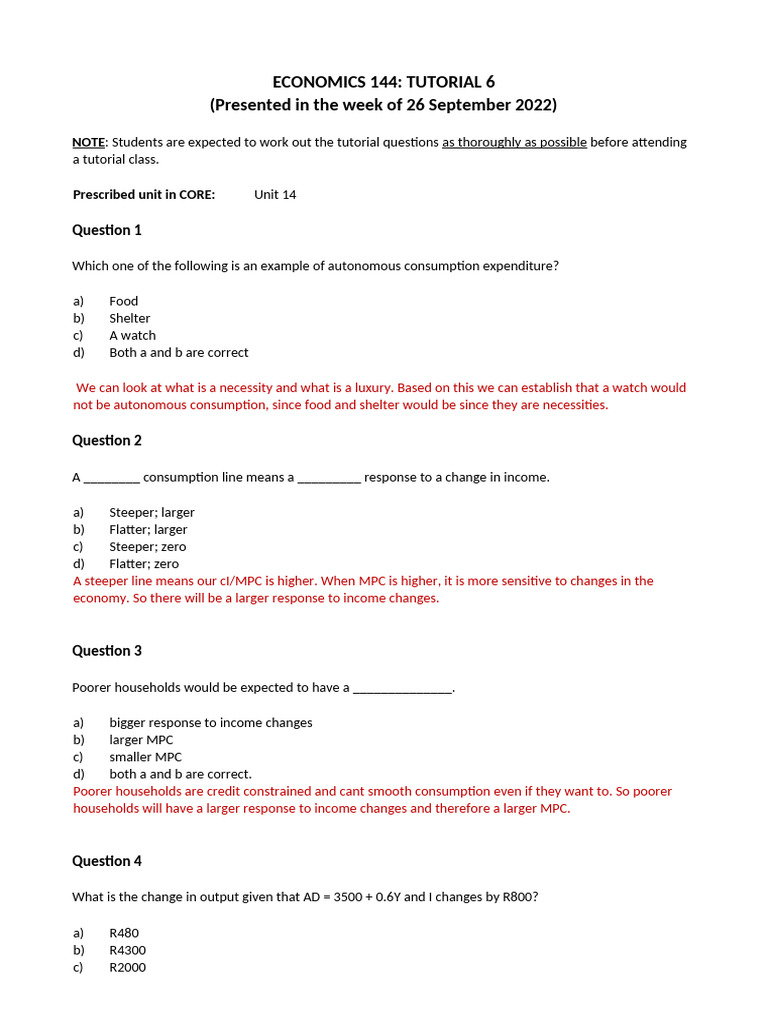 Economics 144 Tutorial 6 Questions | PDF | Wealth | Consumption (Economics)