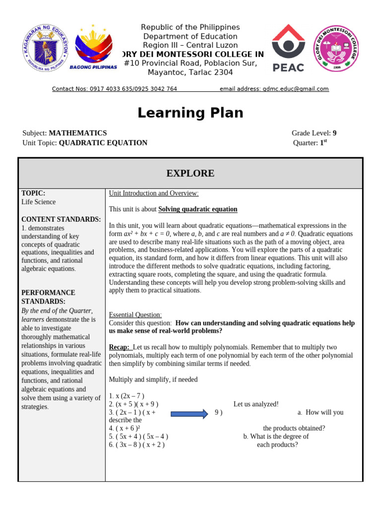 Learning-Plan-Template Grade 9 Mathematics | PDF | Quadratic Equation ...