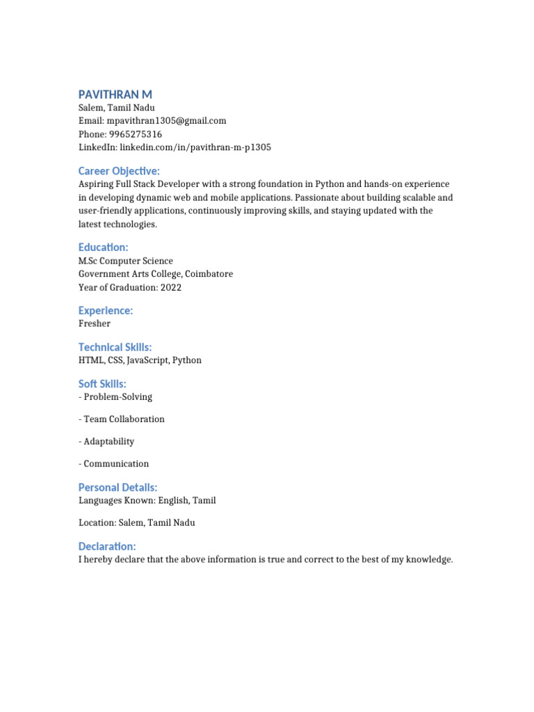 Aspiring Full Stack Developer Resume | PDF