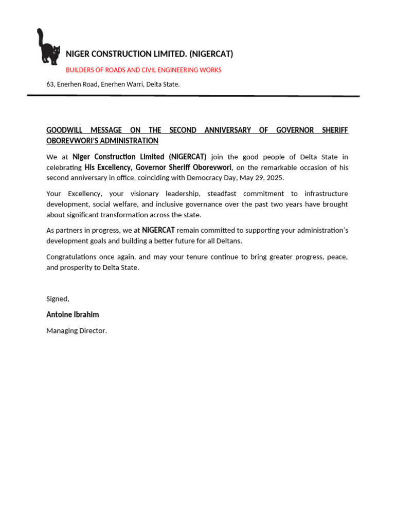 Goodwill Message On The Second Anniversary of Governor Sheriff ...