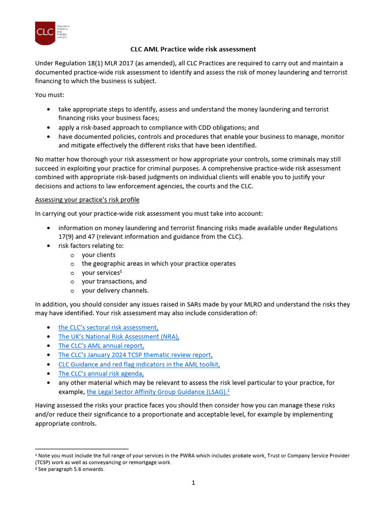 CLC AML Practice-Wide Risk Assessment | PDF | Risk Assessment | Business