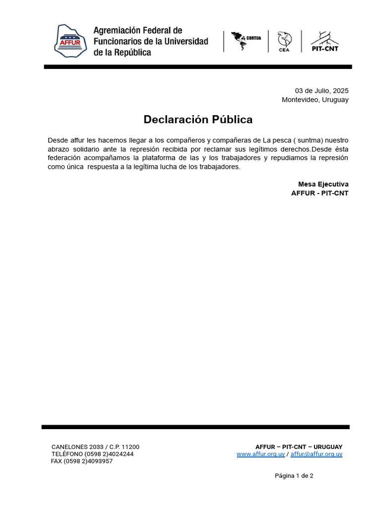 Solidaridad de AFFUR ante represión laboral | PDF