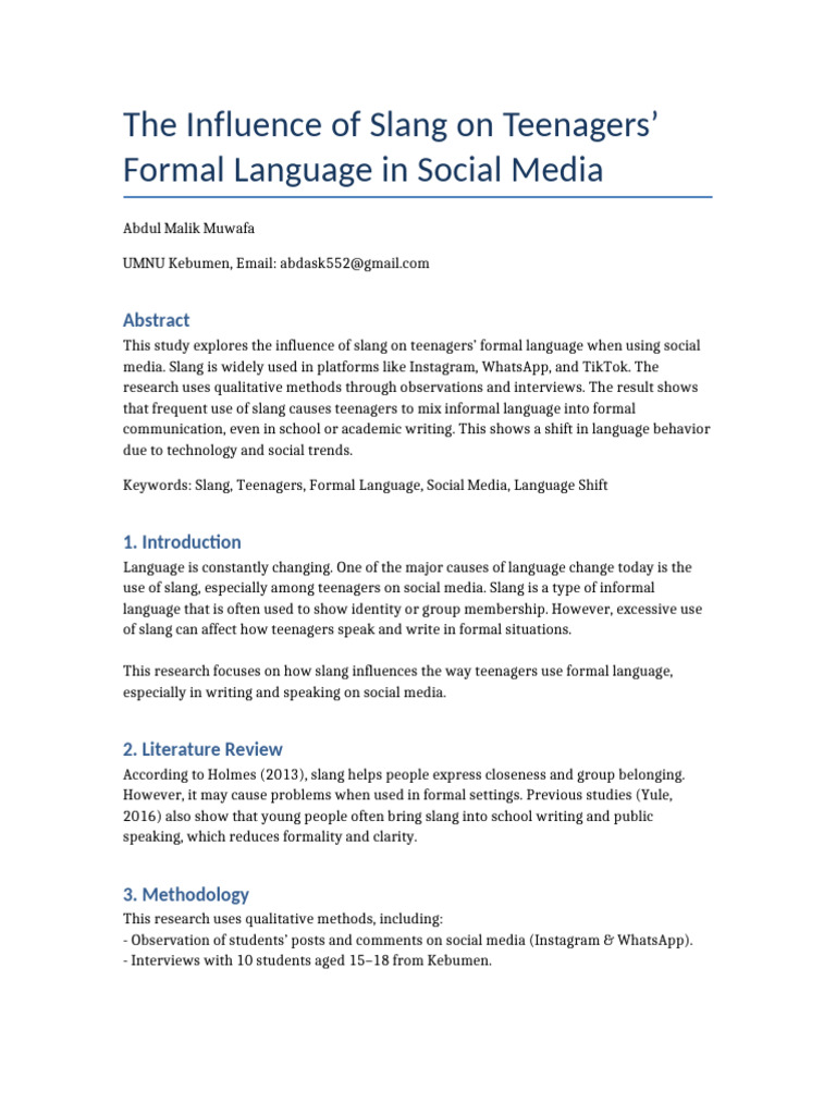 Slang's Impact on Teen Formal Language | PDF | Slang | Adolescence