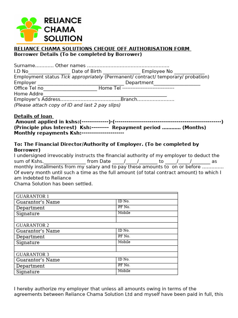 Reliance Chama Authorisation Form For Salary Loans | PDF | Employment ...