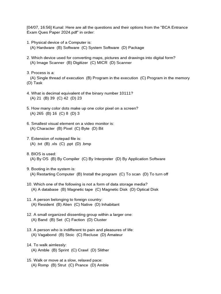 BCA Entrance Exam 2024 Question Paper | PDF | Computer Data Storage ...
