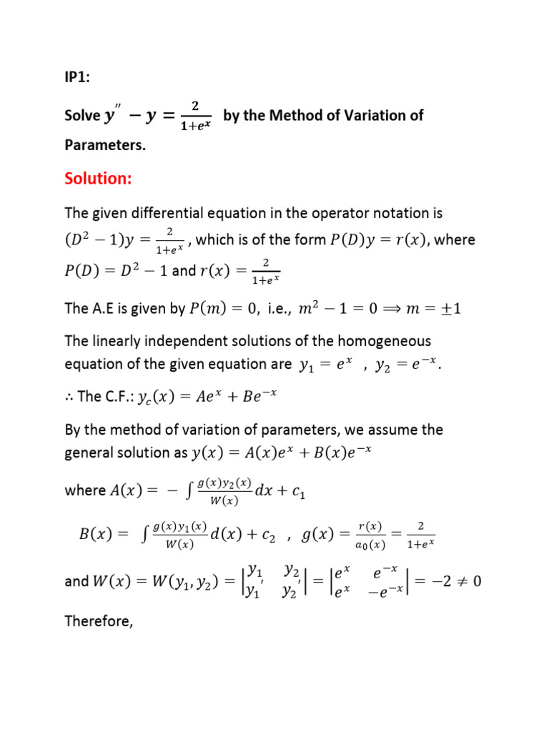 Solution:: IP1: Solve by The Method of Variation of Parameters | PDF