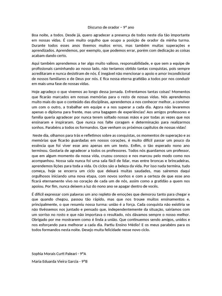 Discurso de Formatura do 9º Ano | PDF